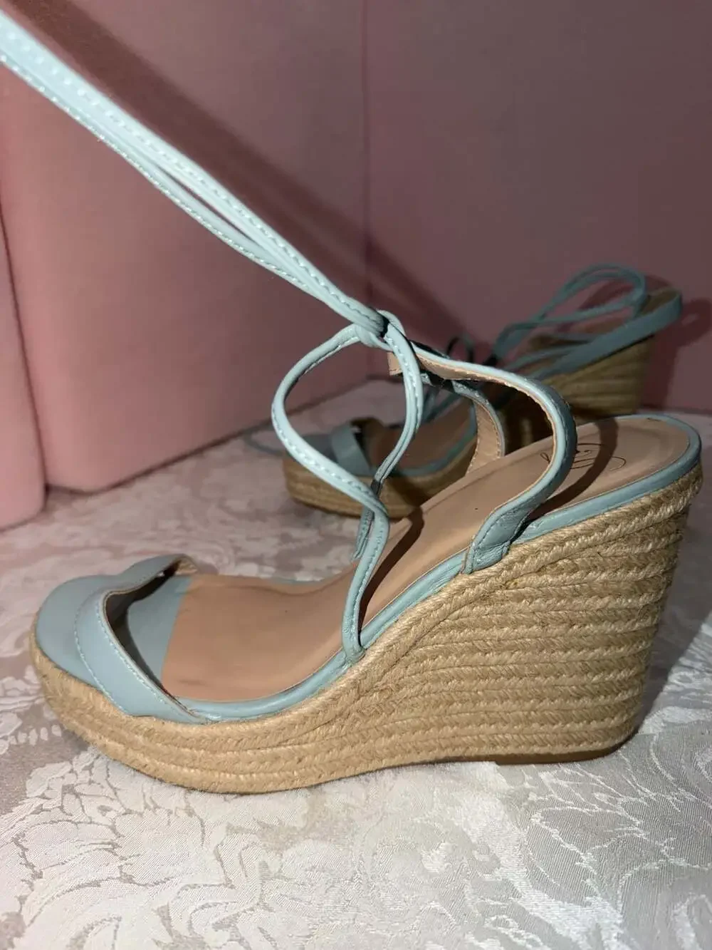 Light Blue Lace-Up Espadrille Platform Wedge Sandals